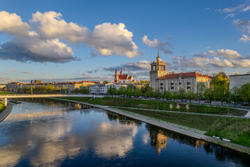 Aerial green spring sunset view of Vilnius downtown, Lithuania