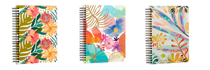 set of different school notebooks, one with a floral design, another with abstract art, and the third featuring eco-friendly materials, isolated on transparent background