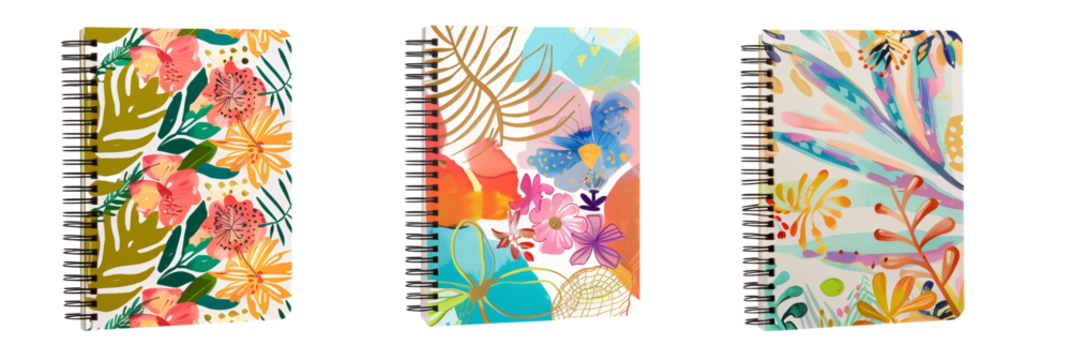 set of different school notebooks, one with a floral design, another with abstract art, and the third featuring eco-friendly materials, isolated on transparent background