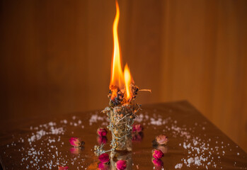 Heal and mental calmness. Cleansing aura and burning negative energy from human. Wax candle with...
