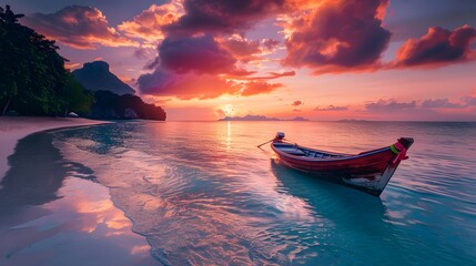 Tropical Sunset Serenity: Oceanic Beauty & Beachscape with Boat, Pink Clouds & Coastal Charm