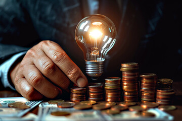 Businessman hand holding lightbulb with stacks of coins on the desk. A man calculating earning, and thinking about increase financial strategy. Saving energy, accounting concept.