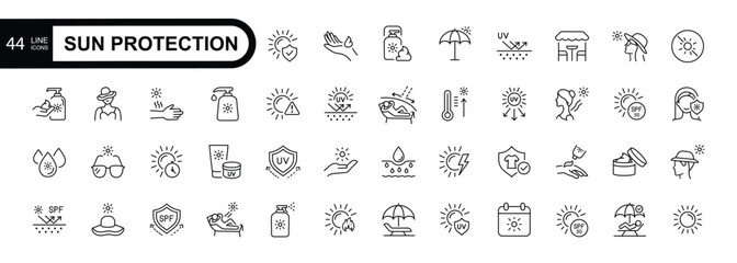 Sun protection icon set. Contains icons sunscreen, ultraviolet, sunglasses, SPF protection, umbrella, sunburn, sun hat, beach lounger and more. Editable stroke.