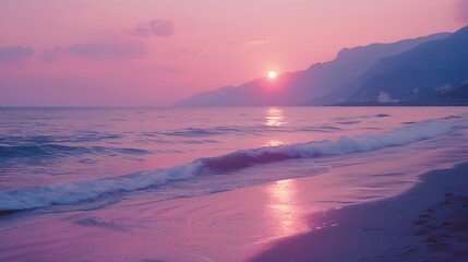 Delicate Sunset Serenity: Mediterranean Resort Beach in Pink Violet Tones.