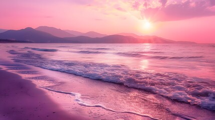 Delicate Sunset Serenity: Mediterranean Resort Beach in Pink Violet Tones.