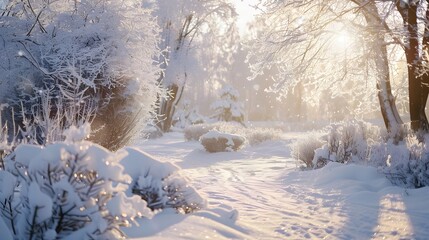 Winter Wonderland: Serene Snowscape with Frosty Trees, Snowdrifts, and Soft Sunlight Glow