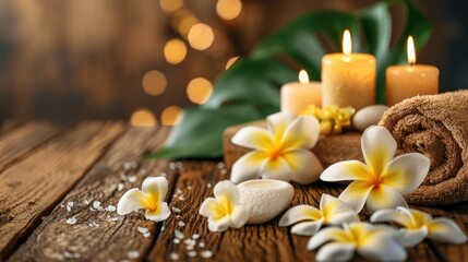 Spa scene featuring fragrant candles Frangipani blossoms and cloth on a wooden surface