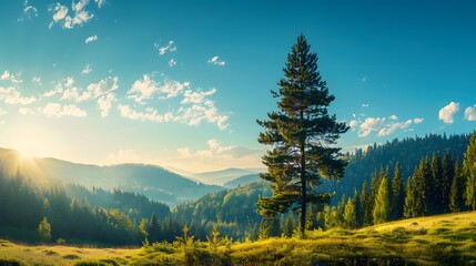 Panoramic mountain vista with coniferous tree amid serene natural landscape. Idyllic morning scenery.