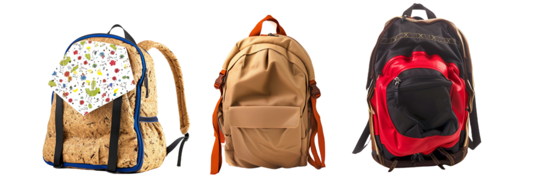 set of different eco-friendly backpacks made from recycled materials, for high school students, isolated on transparent background