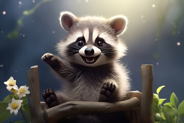 happy and cute baby raccoon, 4k, realistic. Ai generated
