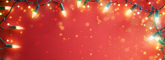 Christmas lights on red background with bokeh