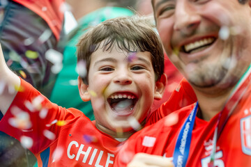 Chilean football soccer fans in a stadium supporting the national team, father and son,  La Roja
