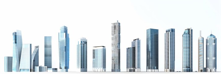 Isolated on a white background are a variety of tall buildings. 3d illustration