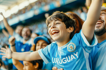 Uruguayan football soccer fans in a stadium supporting the national team, father and son, La Celeste
