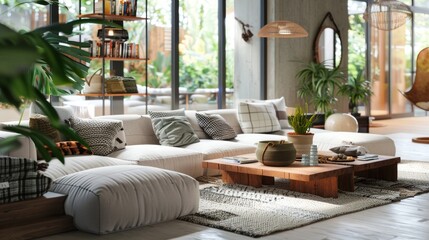Fototapeta na wymiar Elegant Modern Living Room with Natural Wood Accents.