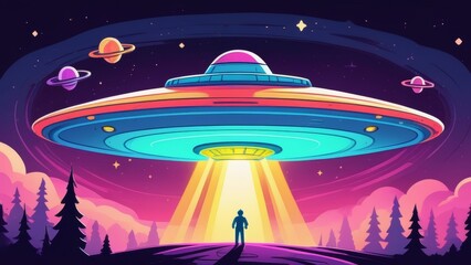 The silhouette of a man stands in landscape, in the beam of a huge flying saucer, illustration