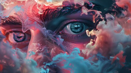 eyes surrounded by smoke and clouds - obrazy, fototapety, plakaty