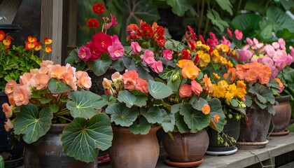 Fototapeta premium Blooming colorful begonia flowers in pots on the terrace.