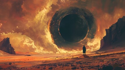 a man standing in a desert looking at a giant black hole in the sky