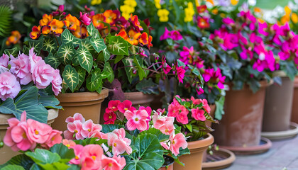 Fototapeta na wymiar Blooming colorful begonia flowers and annuals in pots on the terrace.