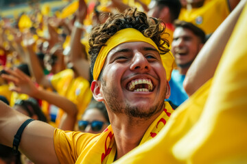 Colombian football soccer fans in a stadium supporting the national team, Los Cafeteros
