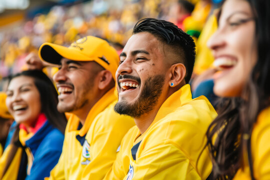 Ecuadorian football soccer fans in a stadium supporting the national team, Los Tricolores
