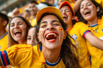 Colombian football soccer fans in a stadium supporting the national team, Los Cafeteros
 - obrazy, fototapety, plakaty