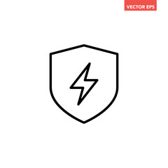 Black single electric shield line icon, electric station or voltage protection flat design vector pictogram, infographic interface elements for app logo web button ui ux isolated on white background