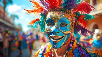 Vibrant Mardi Gras Revelry: Joyful Masquerade Dance in Sunshine. Concept Mardi Gras, Revelry, Masquerade, Dance, Sunshine - obrazy, fototapety, plakaty