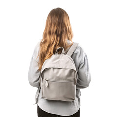 Blonde hair university student girl carrying a grey backpack behind view on an isolated background