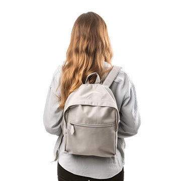 Blonde hair university student girl carrying a grey backpack behind view on an isolated background