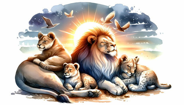 Watercolor Hand Drawing of Feline Fellowship: A Pride of Lions Resting under the Savannah Sun Embodying Fellowship, Small Animal Double Exposure Photo - Stock Construction Concept