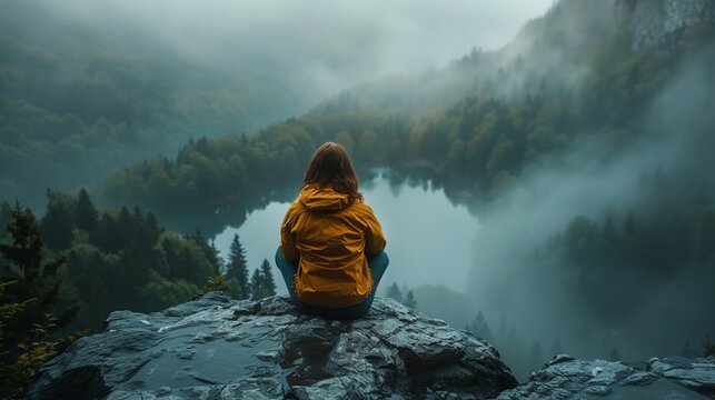 a person sitting on a rock looking out over a lake in the mountains with fog in the air and trees