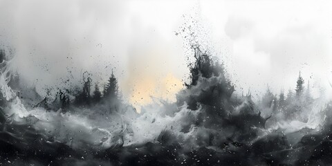 Intense Black and White Ink Wash Painting - Forest Storm Rage with Dramatic Explosion