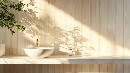 Luxurious beauty, skincare, and body care product display background in three dimensions with a white stone vanity counter, contemporary bowl washbasin, and gold chrome faucet in the sunlight.