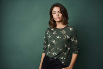 Young stylish woman standing on green background