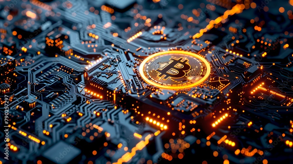 Poster glowing bitcoin on a circuit board symbolizing cryptocurrency technology. digital currency concept. 