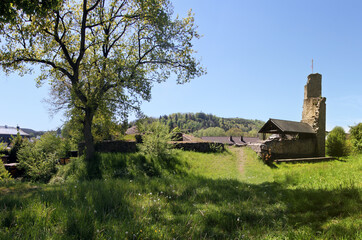 Fototapeta na wymiar Glaadt castle ruins in the old village of Jünkerath in the Eifel forest, Germany