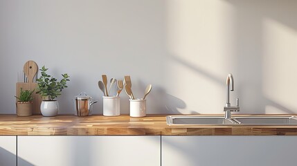The kitchen has a wooden counter near the light wall with a silver sink and utensils. - obrazy, fototapety, plakaty