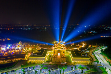 Colorful aerial view of Legend Siam with symphony light show at night, Pattaya Thailand.