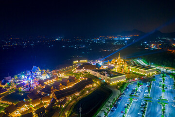 Colorful aerial view of Legend Siam with symphony light show at night, Pattaya Thailand.