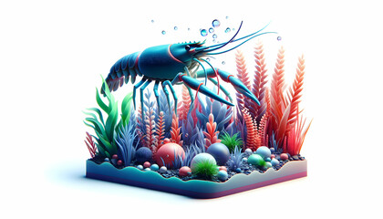 Vibrant Aquatic Crayfish Emerges Among Plants in Double Exposure 3D Icon: Underwater Life