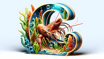 Underwater Ecosystem: 3D Aquatic Antennae Crayfish Among Plants - Close-Up Double Exposure Construction Concept
