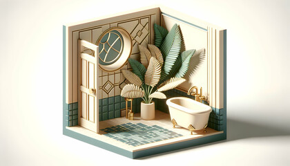 Art Deco Bathroom with Geometric Tiles and Fern Frond: Glamorous Yet Serene Setting in Realistic 3D Interior Design with Nature Concept