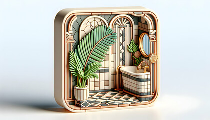 Art Deco Glam: 3D Icon Interior Design with Geometric Tiles and Nature Elements