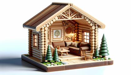 Realistic 3D Icon of Artisanal Abode: Craftsmanship in a Nature-Inspired Living Room Interior Design with Handcrafted Woodwork and Artisanal Vase