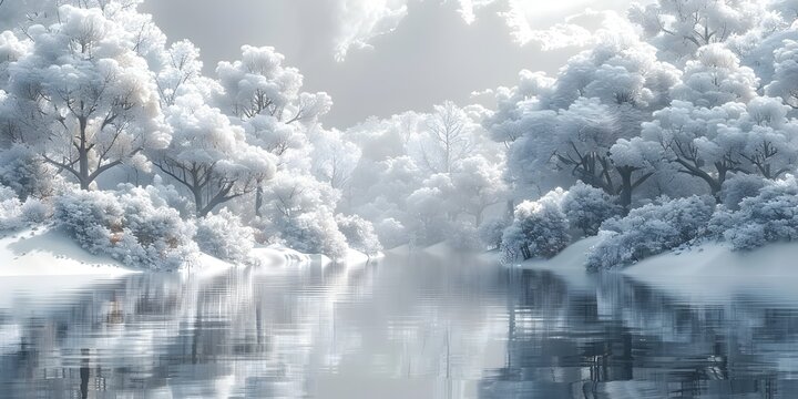 Fantasy Winter Landscape with Ethereal Snow-Covered Trees and Silver Reflection