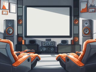 A cartoonish drawing of a living room with a large screen TV and two orange chairs. Scene is casual and relaxed