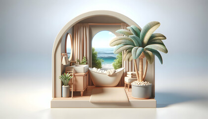 3D Coastal Bathroom Interior with Breezy Linens and Potted Palm - Realistic Stock Photo for Nature-Inspired Construction Concept