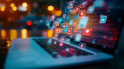 Social Media Engagement Digital Interface Concept. Vibrant social media icons floating above a laptop keyboard, representing online engagement and digital communication.
